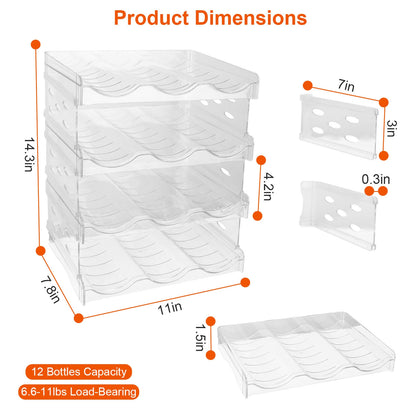 1Pc 4 Tier Bottle Storage Holder 12 Bottles Transparent Stackable Bottle Organizer Standing Drink Holder Shelf For Kitchen Fridge Cabinet Pantry