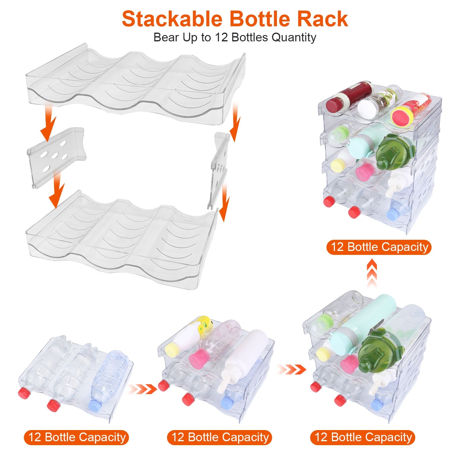 1Pc 4 Tier Bottle Storage Holder 12 Bottles Transparent Stackable Bottle Organizer Standing Drink Holder Shelf For Kitchen Fridge Cabinet Pantry