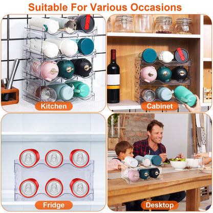 1Pc 4 Tier Bottle Storage Holder 12 Bottles Transparent Stackable Bottle Organizer Standing Drink Holder Shelf For Kitchen Fridge Cabinet Pantry